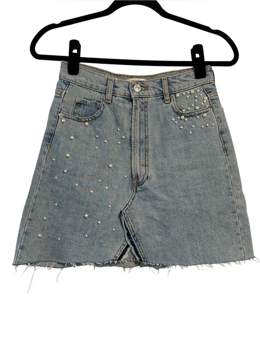 Zara Denim Mini Skirt with Pearl Details